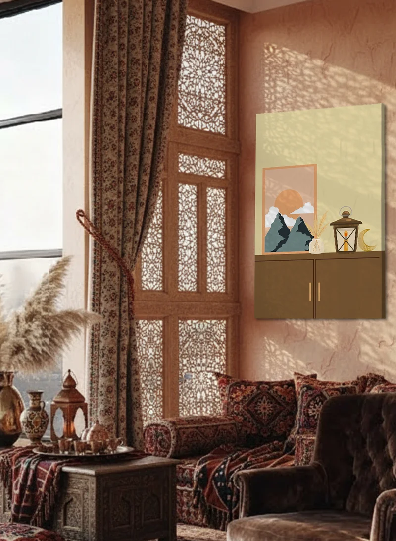 لوحة لوحة كانفاس على إطار خشبي بتصميم فانوس وهلال رمضان